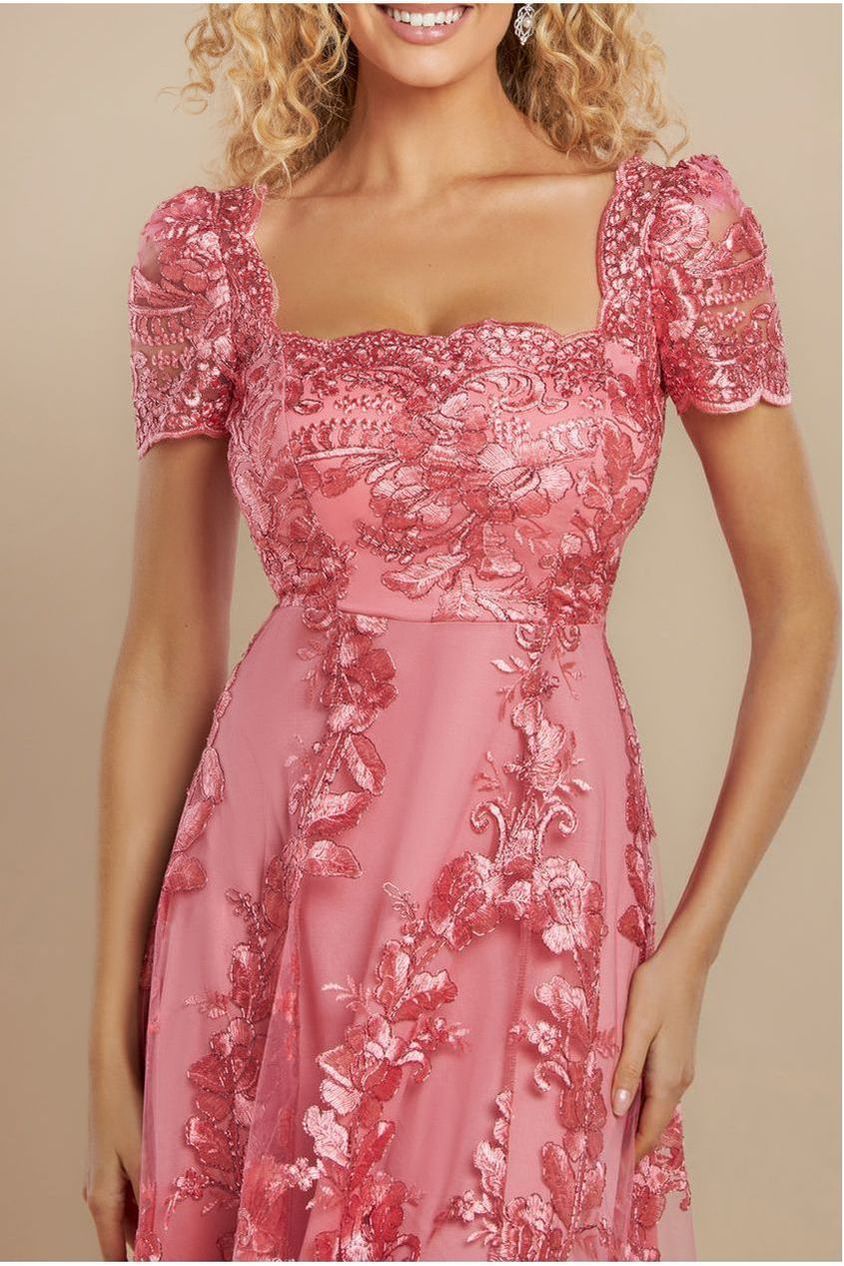 Scalloped Neck Embroidered Lace High Low Midi Dress - Coral DR4265