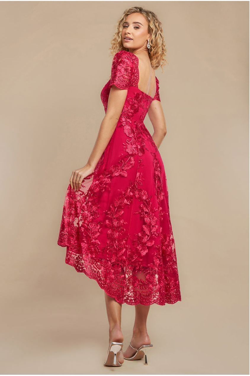 Scalloped Neck Embroidered Lace High Low Midi Dress - Magenta DR4265