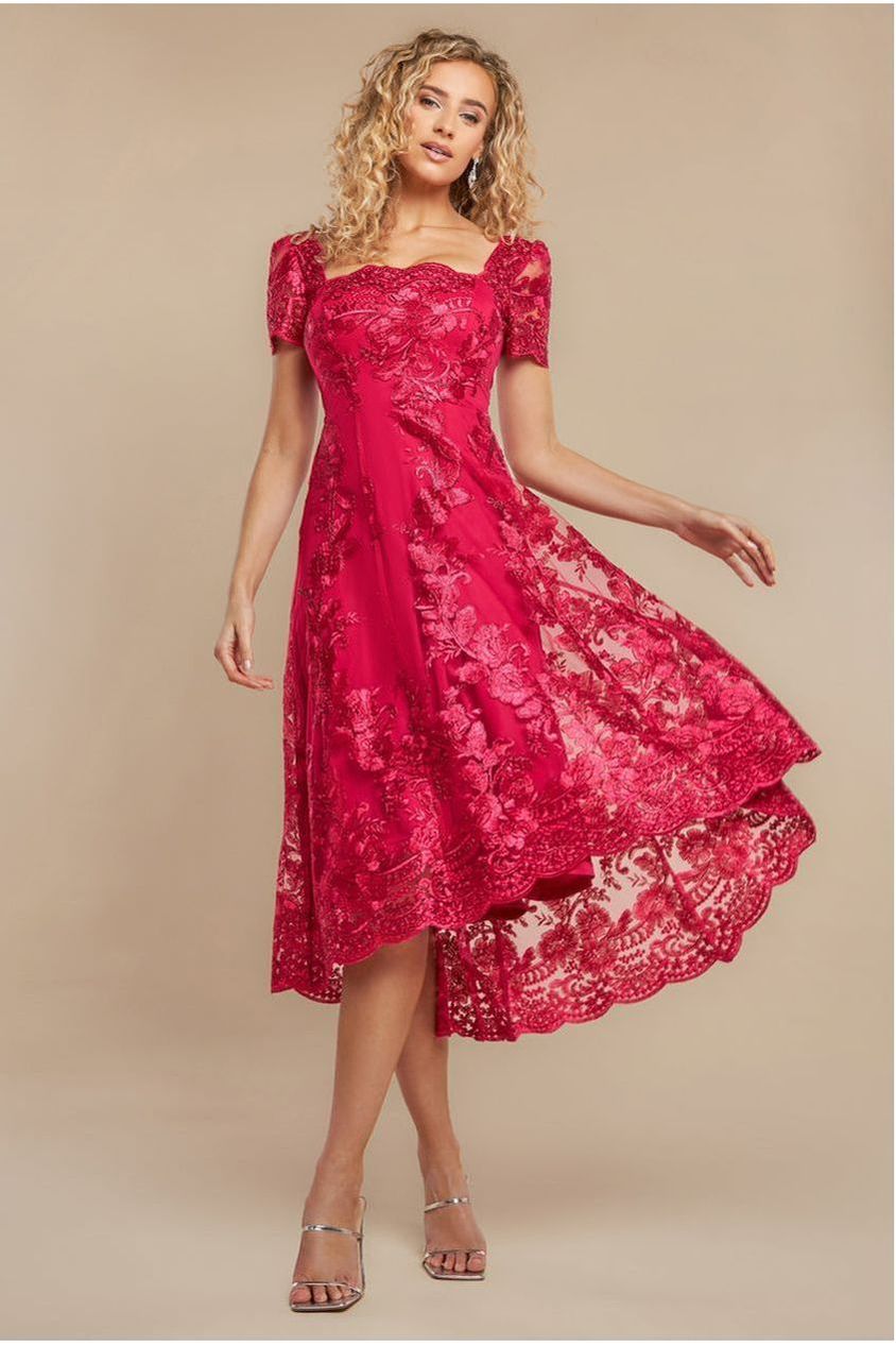Scalloped Neck Embroidered Lace High Low Midi Dress - Magenta DR4265
