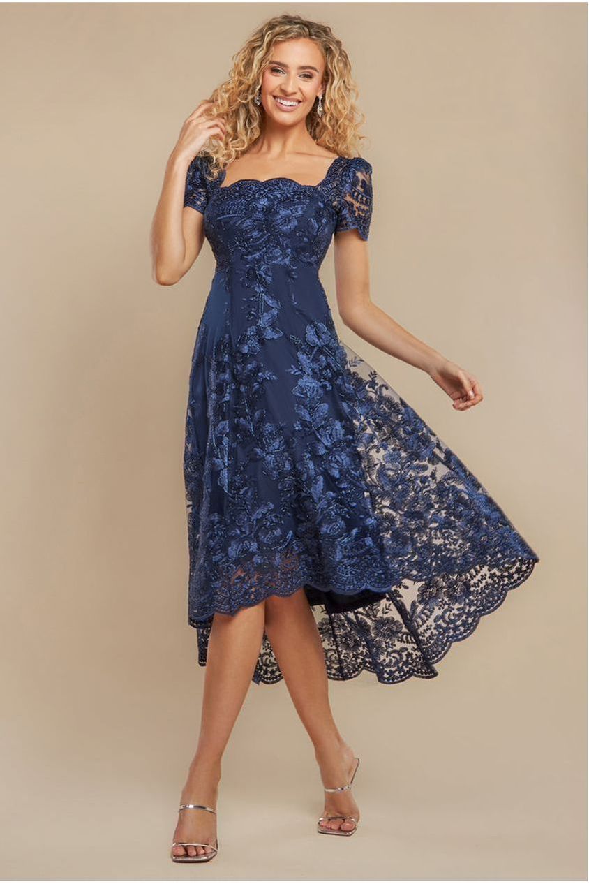 Scalloped Neck Embroidered Lace High Low Midi Dress - Navy Blue DR4265