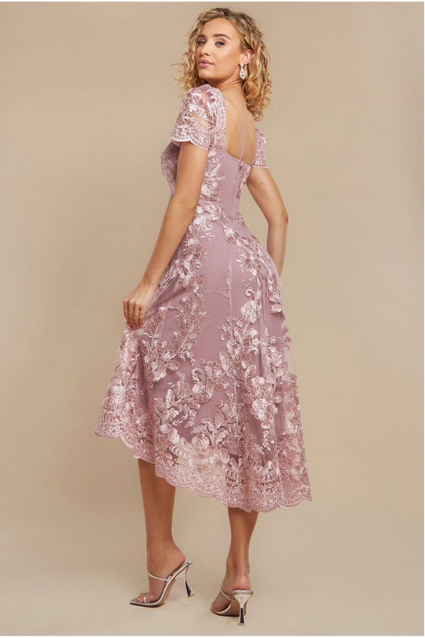 Scalloped Neck Embroidered Lace High Low Midi Dress - Pink DR4265