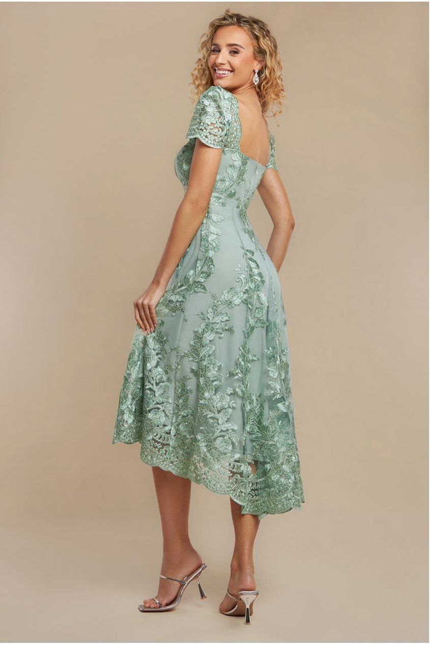 Scalloped Neck Embroidered Lace High Low Midi Dress - Sage Green DR4265