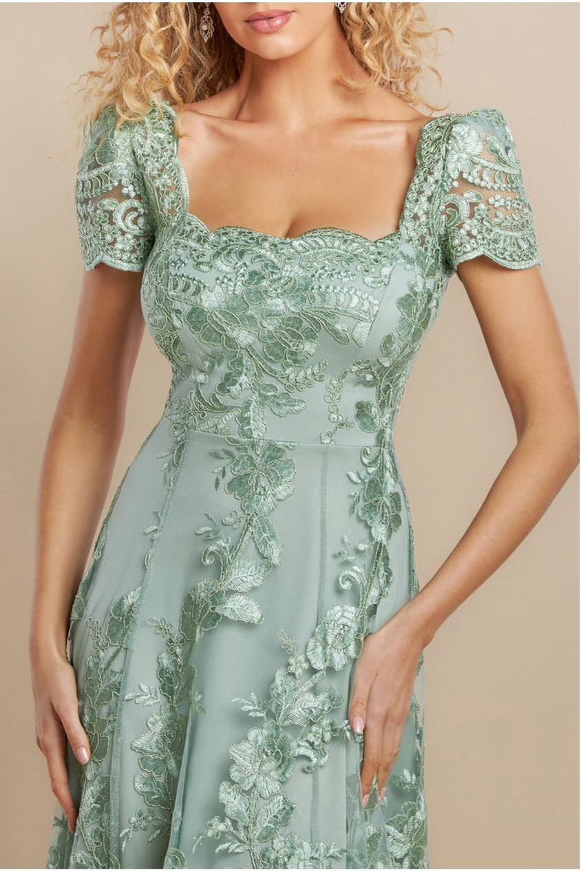 Scalloped Neck Embroidered Lace High Low Midi Dress - Sage Green DR4265