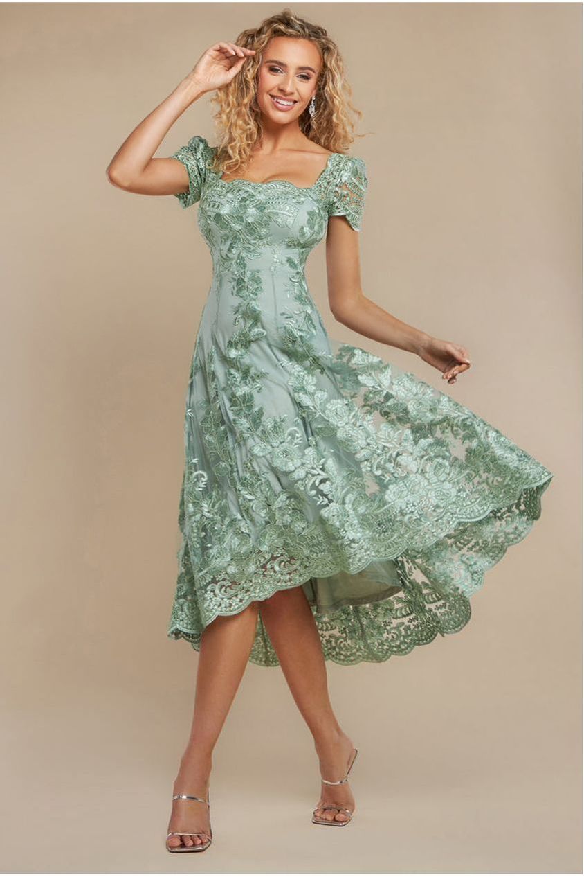 Scalloped Neck Embroidered Lace High Low Midi Dress - Sage Green DR4265