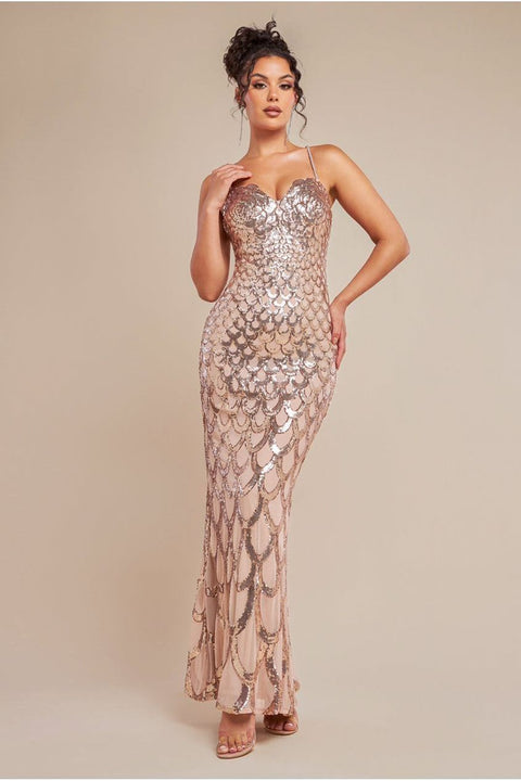 Diamante Strap Fish Scale Sequin Maxi Dress - Champagne by Goddiva
