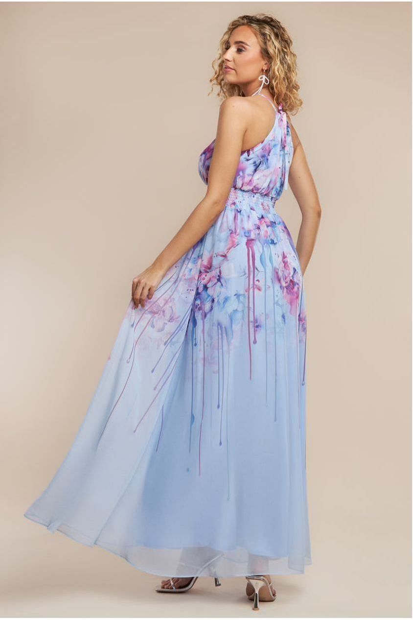 Floral Printed Chiffon Halter Maxi Dress - Blue DR4299