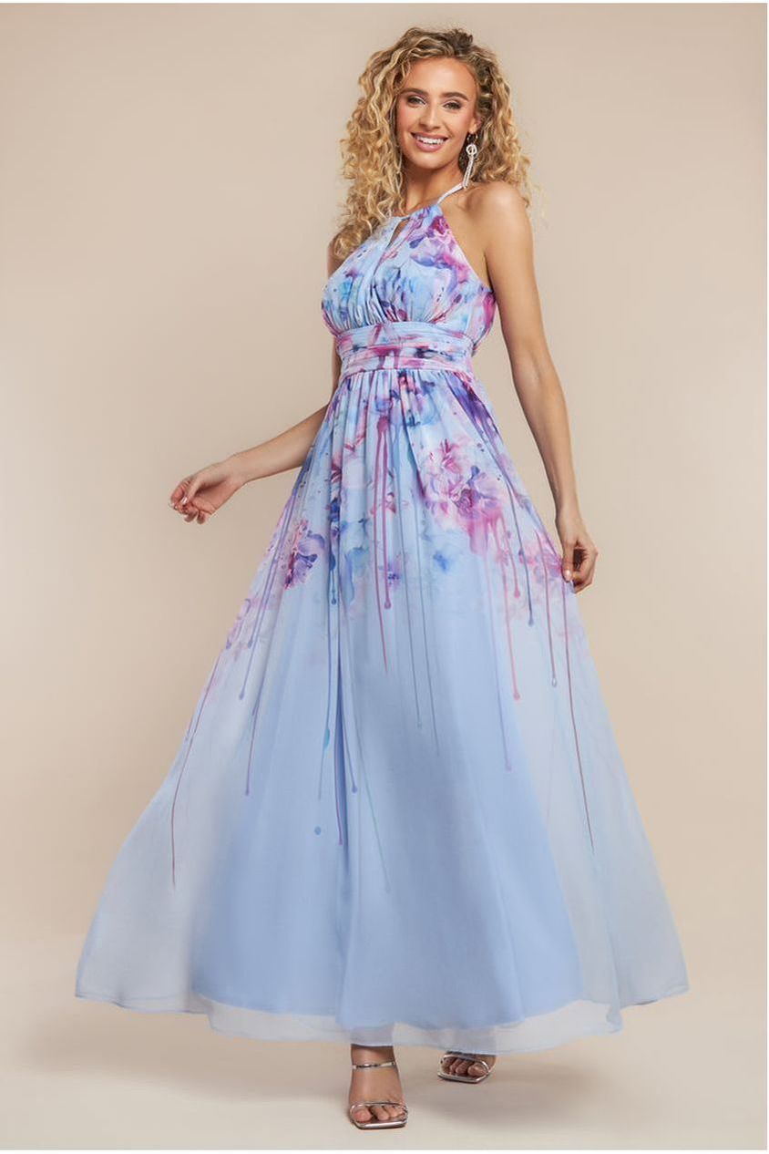 Floral Printed Chiffon Halter Maxi Dress - Blue DR4299