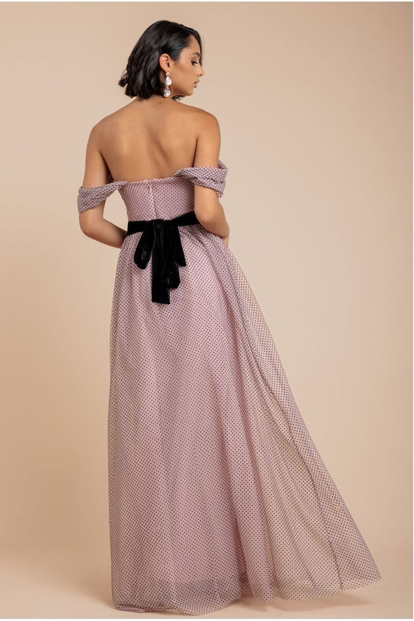 Dobby Mesh Off The Shoulder Princess Maxi Dress - Blush DR4308
