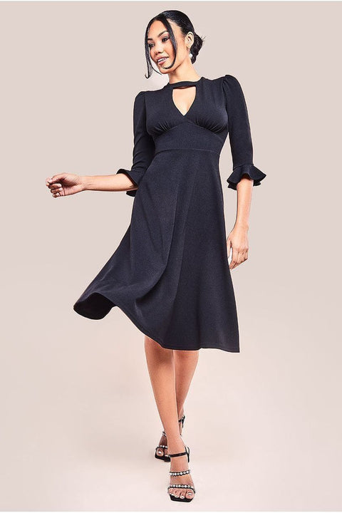 Flared Sleeve Midi Dress - Black by Goddiva