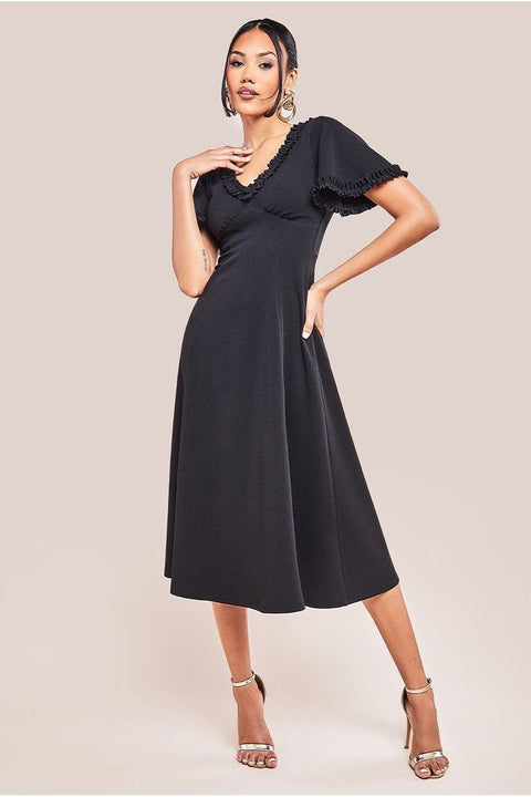 Flare Sleeve Frill Edge Midi Dress - Black by Goddiva
