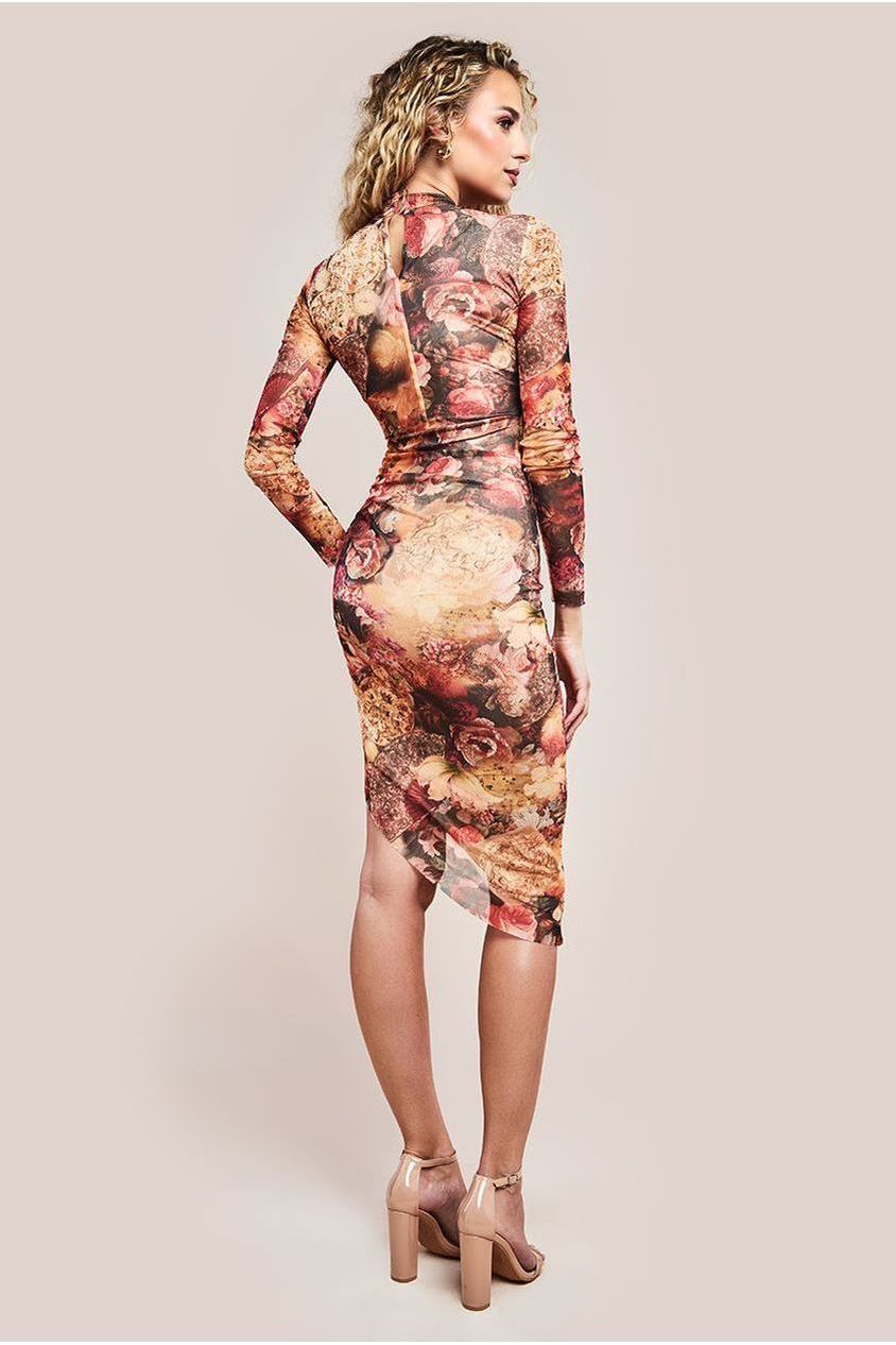 Asymmetric Gathered Skirt Midi Dress - Orange DR4317