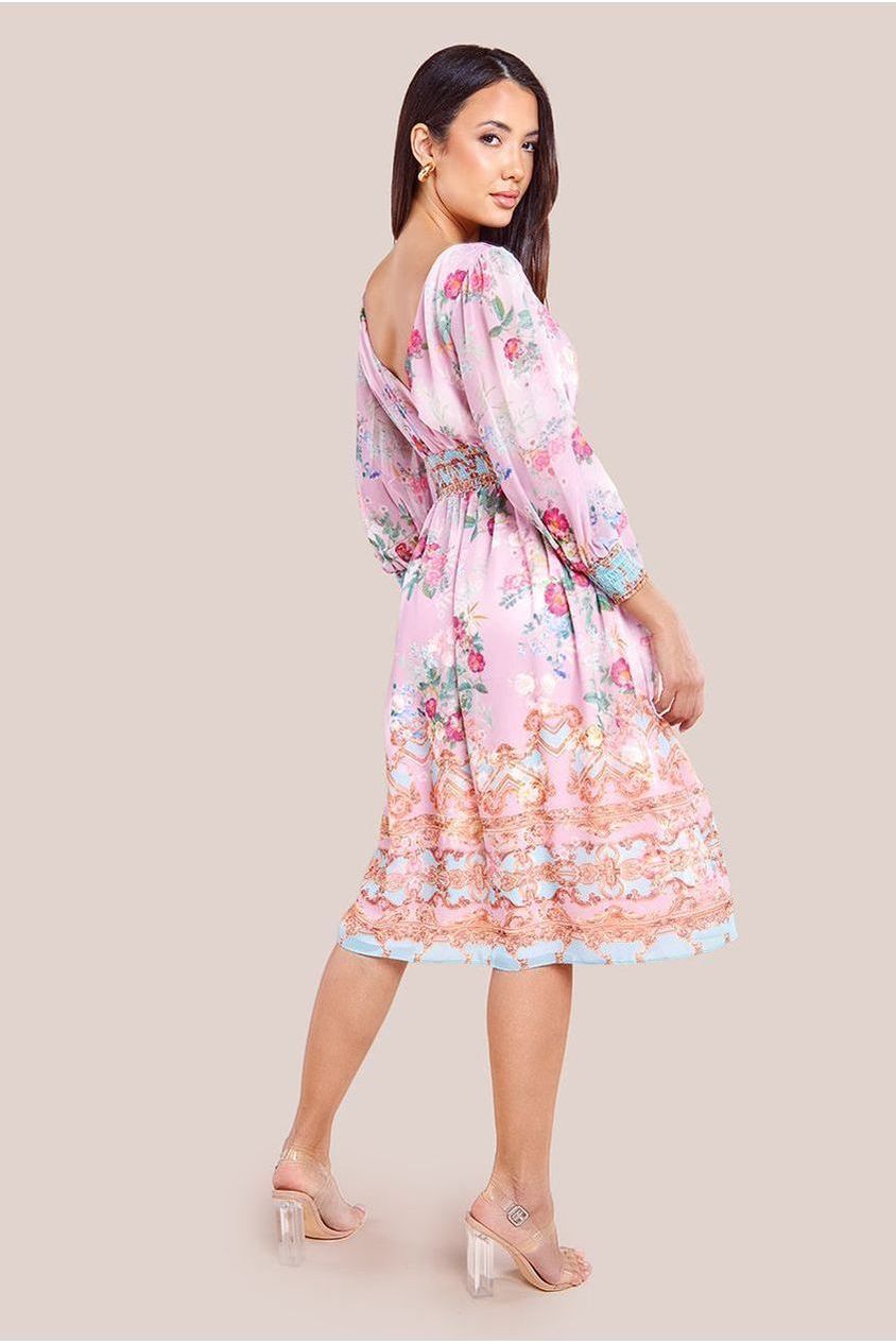 Chiffon Wrap Border Floral Print Midi Dress - Pink DR4333