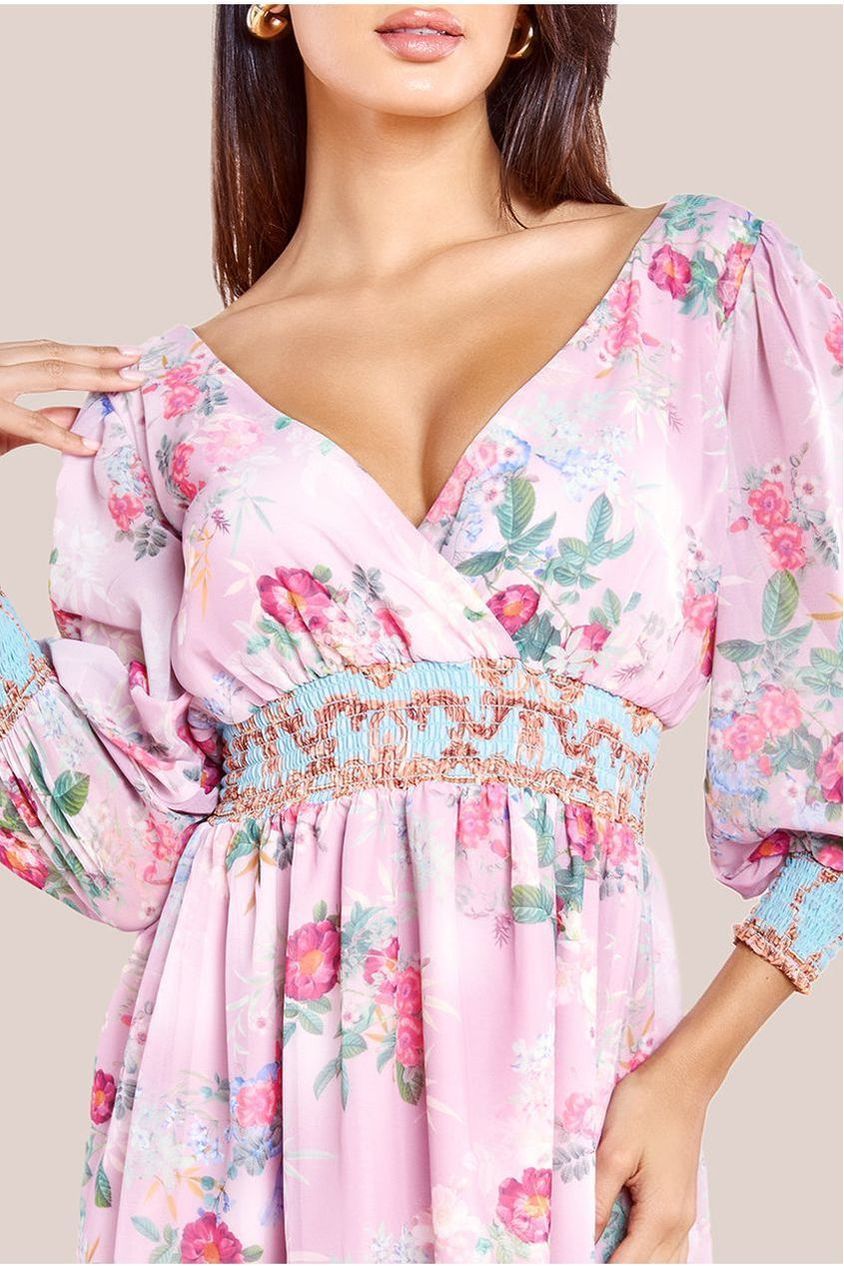 Chiffon Wrap Border Floral Print Midi Dress - Pink DR4333