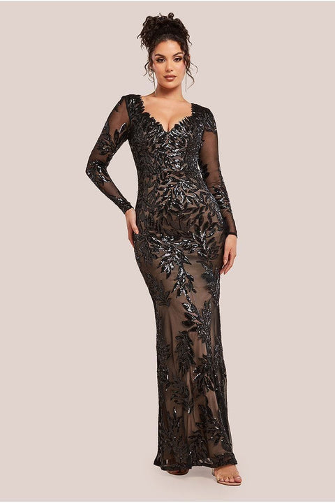Sequin Leaf Long Sleeve Maxi Dress - Black by Goddiva