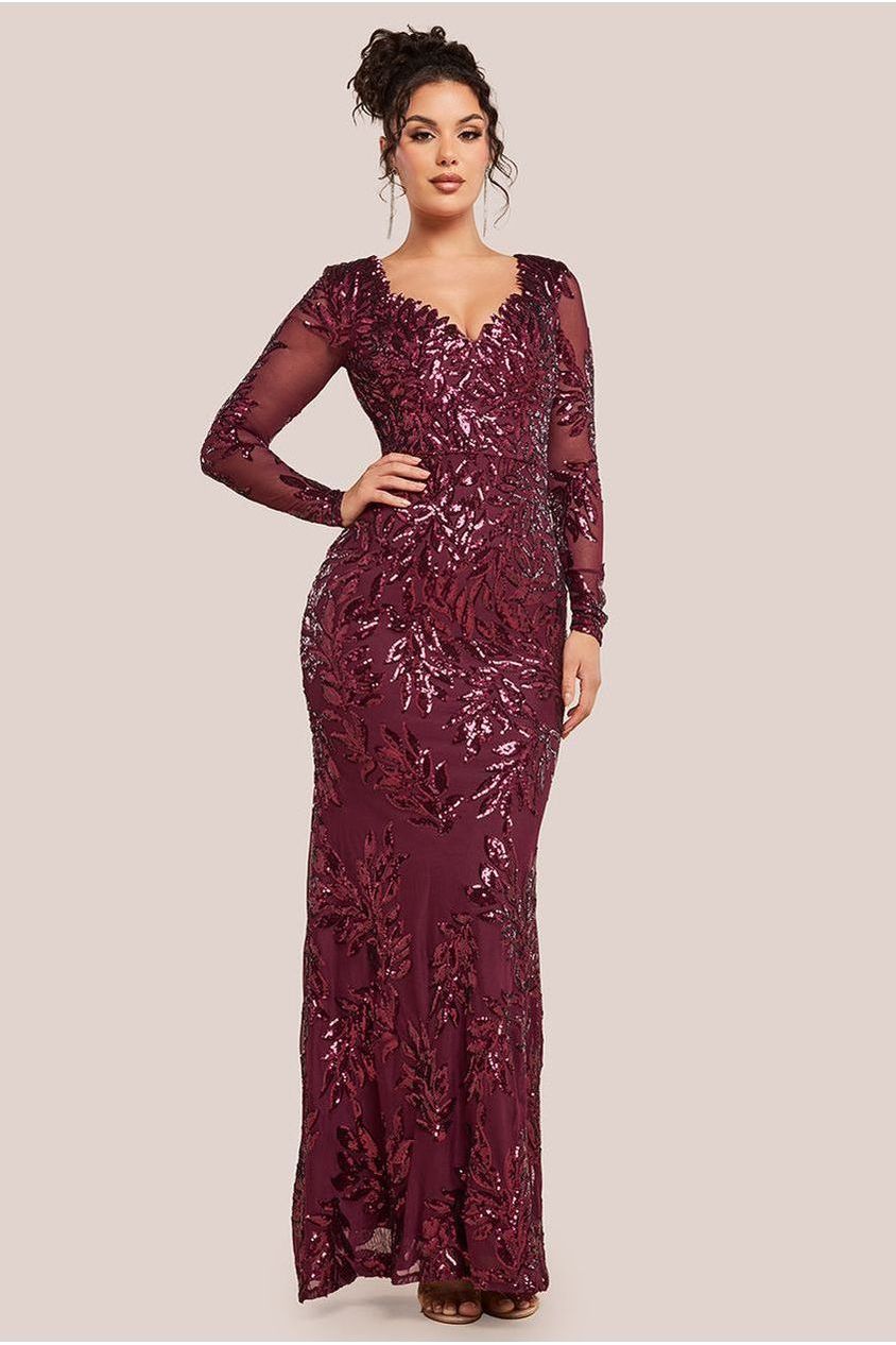 Sequin Leaf Long Sleeve Maxi Dress - Burgundy DR4359