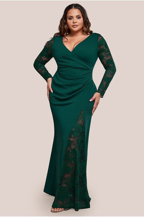 Scuba & Lace Wrap Maxi Dress - Emerald by Goddiva Plus