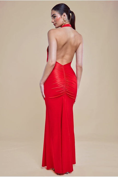 Halter Cowl Neck Back Maxi Dress - Red by Goddiva