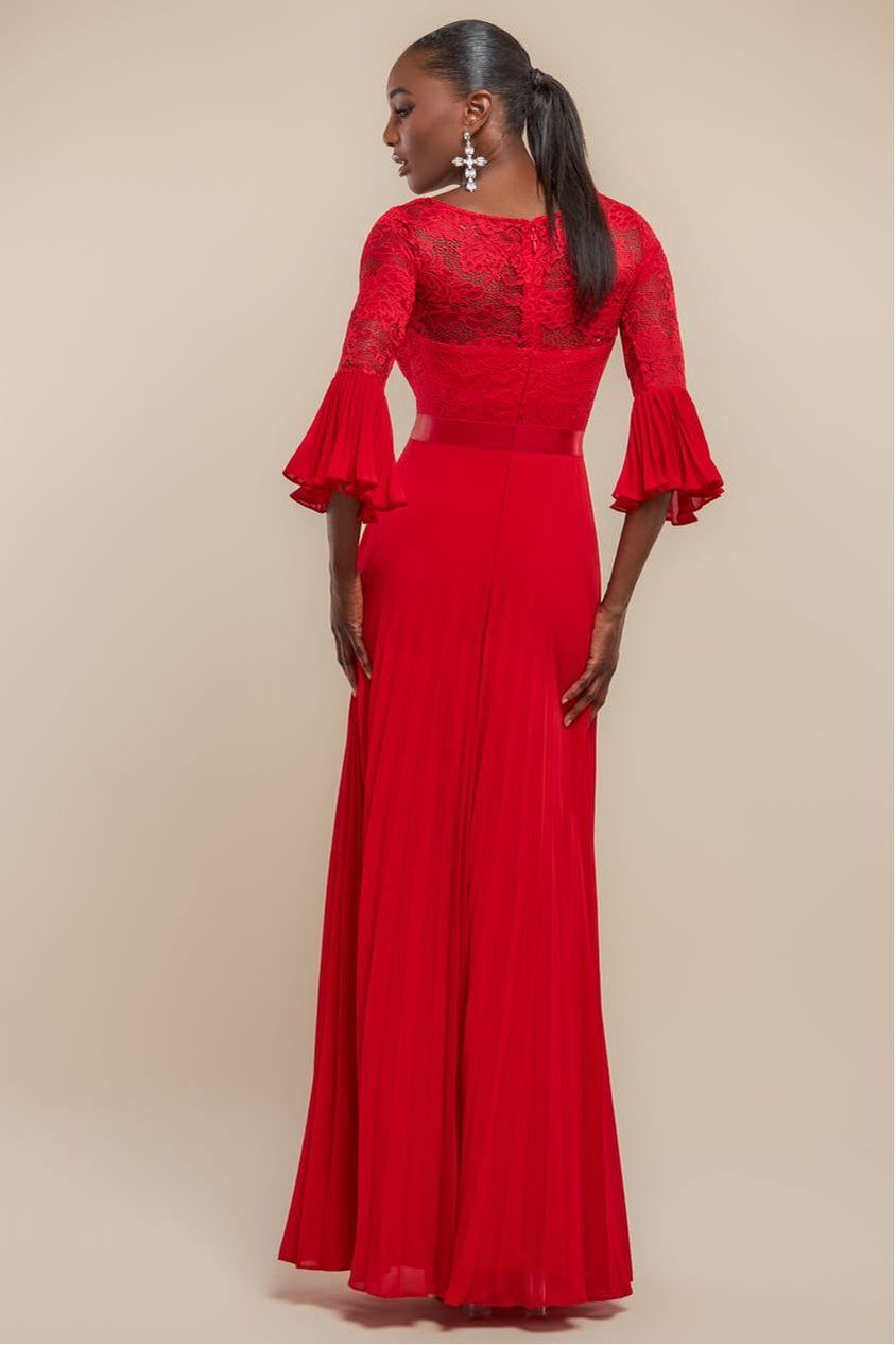 Scalloped Lace Bodice Pleated Chiffon A Line Maxi Dress - Red DR4390