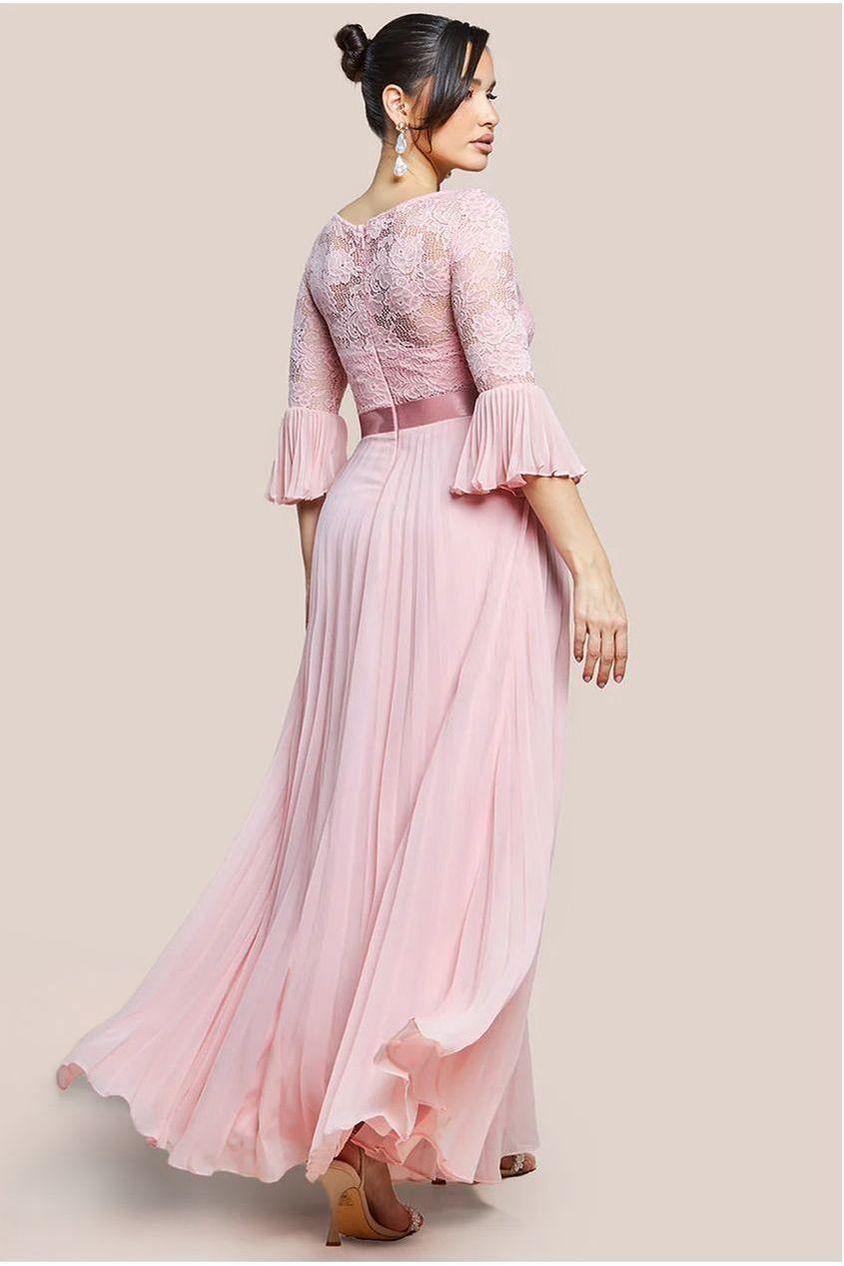 Scalloped Lace Bodice Pleated Chiffon A Line Maxi Dress - Blush Pink DR4390