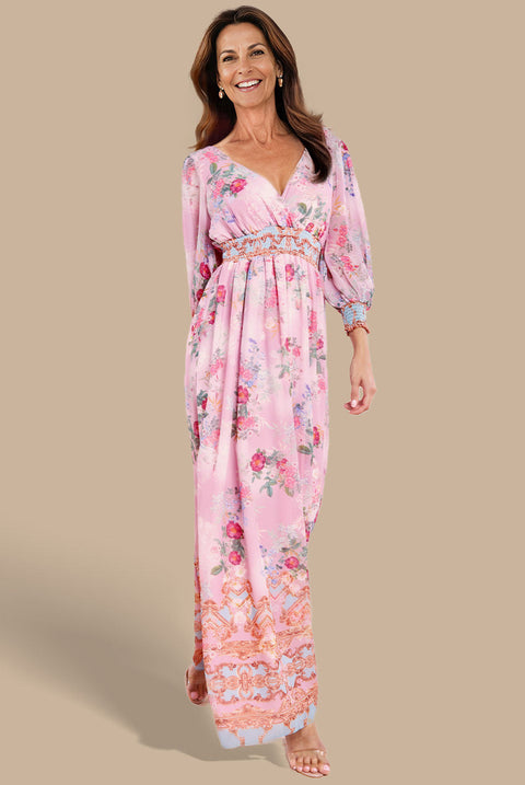 Chiffon Wrap Border Floral Print Maxi Dress - Pink by Goddiva