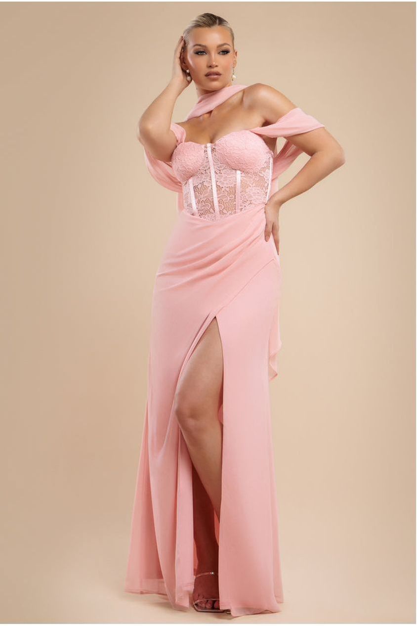 Scalloped Lace & Chiffon Winged Corset Bodice Maxi Dress - Blush Pink DR4397