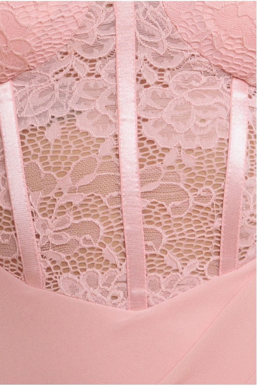 Scalloped Lace & Chiffon Winged Corset Bodice Maxi Dress - Blush Pink DR4397