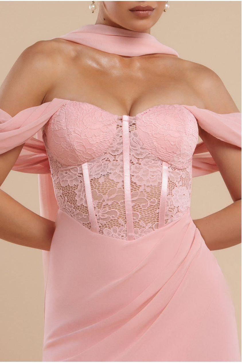 Scalloped Lace & Chiffon Winged Corset Bodice Maxi Dress - Blush Pink DR4397