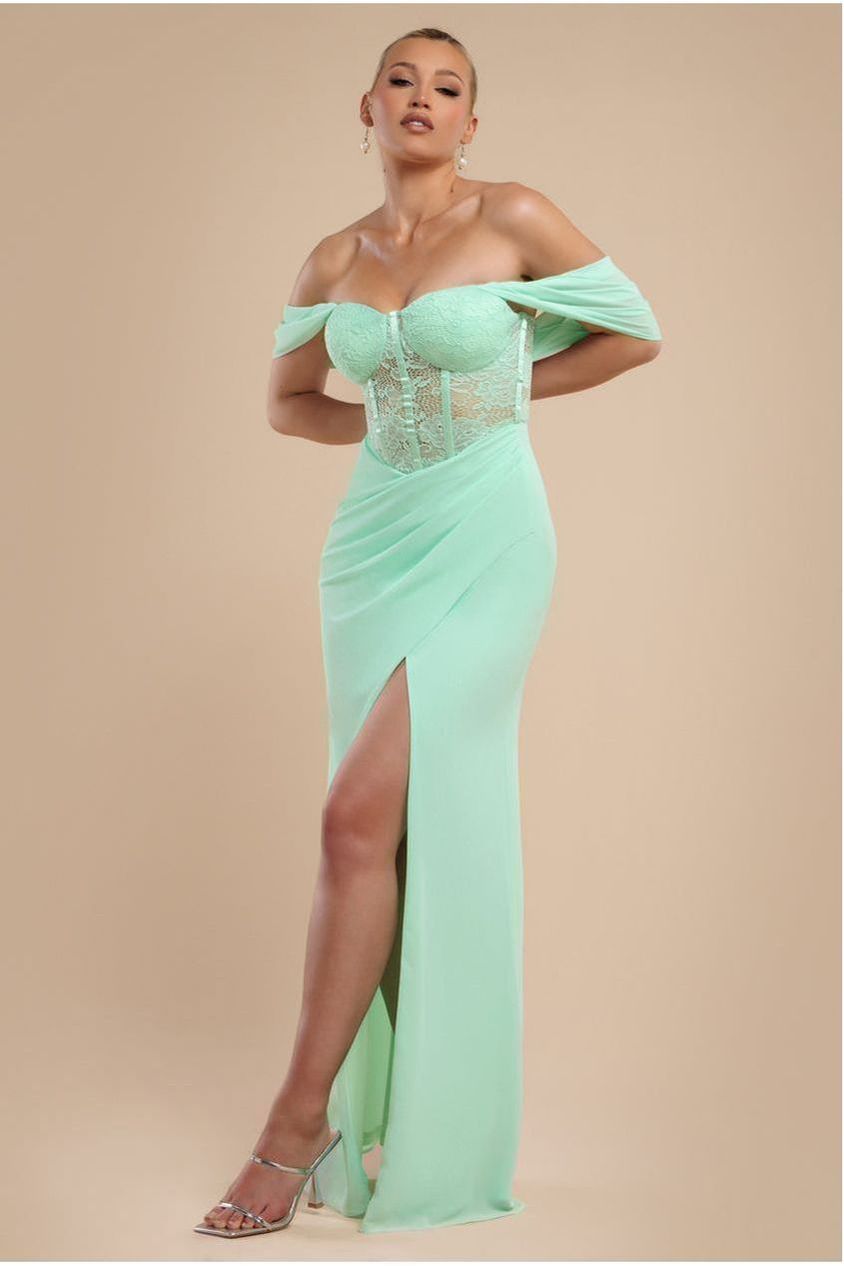 Scalloped Lace & Chiffon Winged Corset Bodice Maxi Dress - Mint Green DR4397