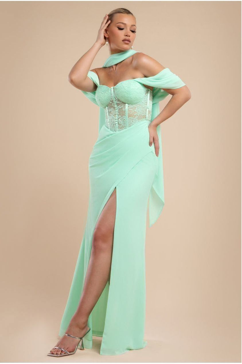 Scalloped Lace & Chiffon Winged Corset Bodice Maxi Dress - Mint Green DR4397