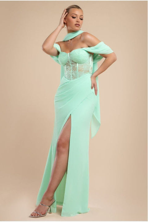 Scalloped Lace & Chiffon Winged Corset Bodice Maxi Dress - Mint Green by Goddiva