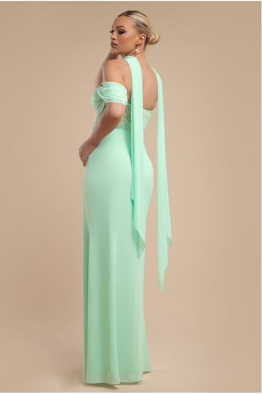 Scalloped Lace & Chiffon Winged Corset Bodice Maxi Dress - Mint Green DR4397