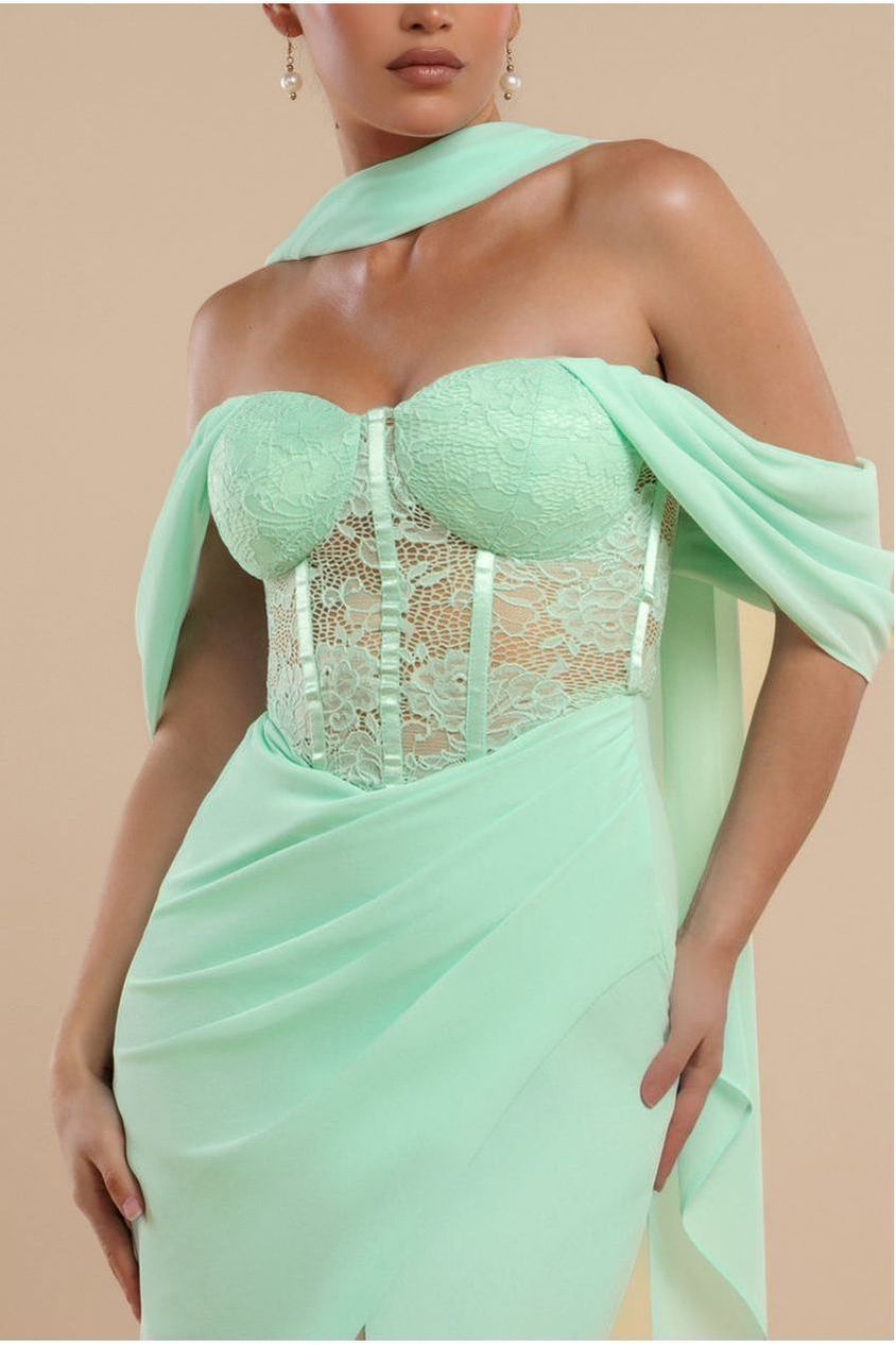 Scalloped Lace & Chiffon Winged Corset Bodice Maxi Dress - Mint Green DR4397
