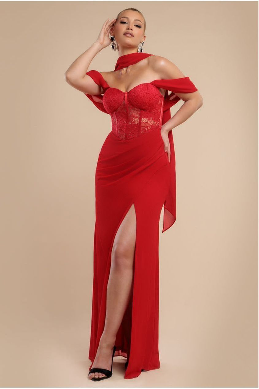 Scalloped Lace & Chiffon Winged Corset Bodice Maxi Dress - Red DR4397