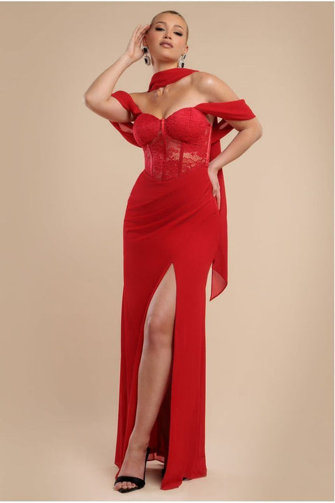 Scalloped Lace & Chiffon Winged Corset Bodice Maxi Dress - Red by Goddiva