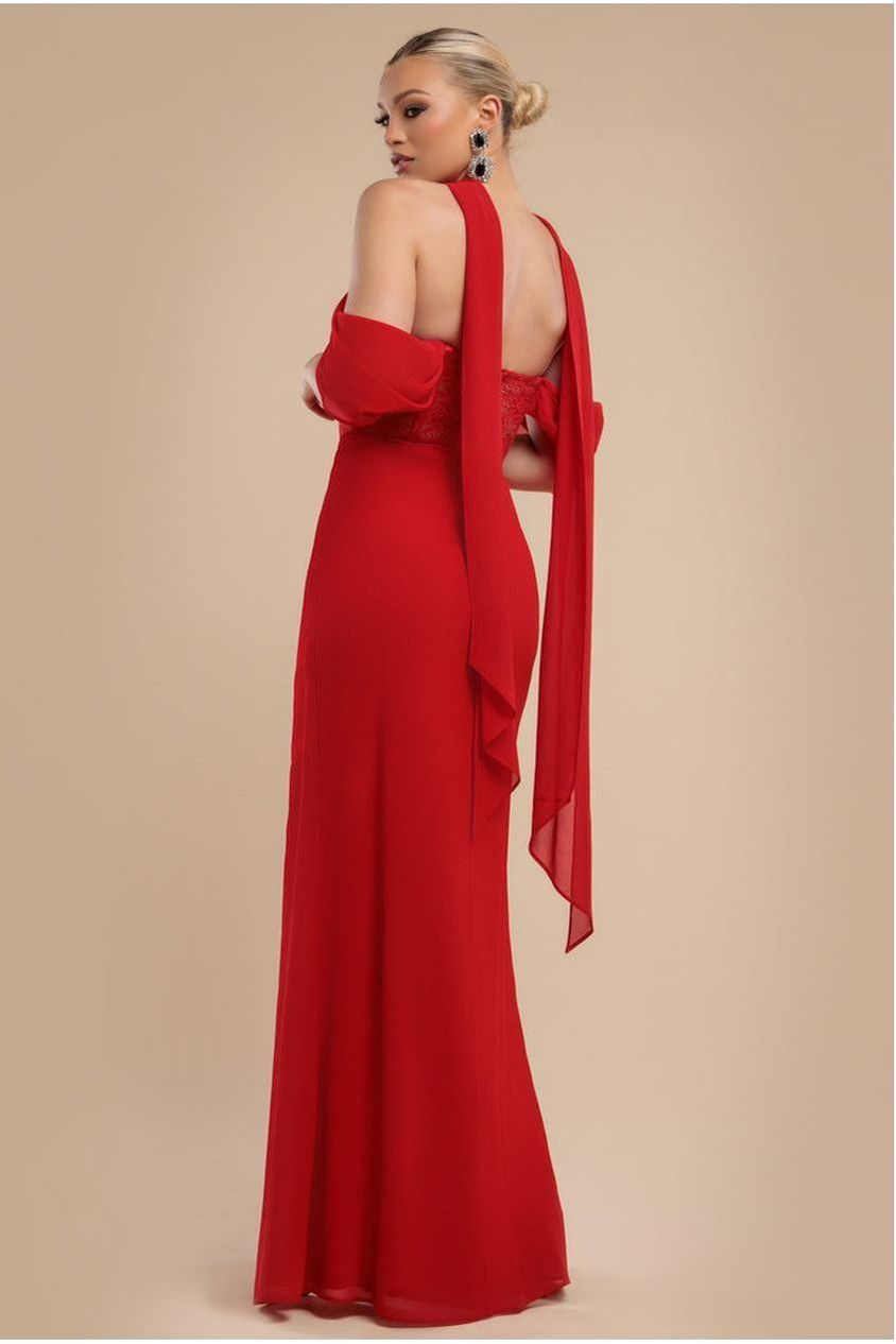 Scalloped Lace & Chiffon Winged Corset Bodice Maxi Dress - Red DR4397