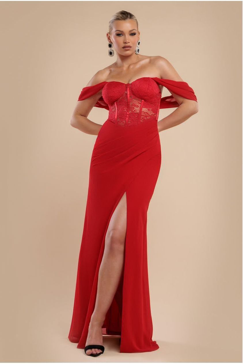 Scalloped Lace & Chiffon Winged Corset Bodice Maxi Dress - Red DR4397