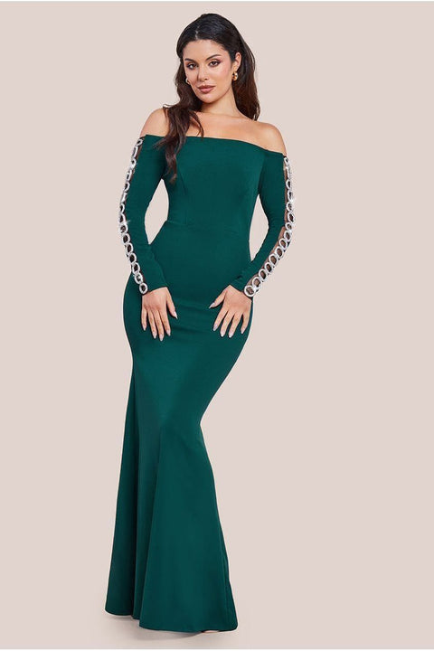 Embellished Diamante Sleeve Bardot Maxi Dress - Emerald Green by Goddiva