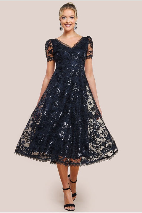 Sequin Lace Short Sleeve A-Line Midi Dress - Black by Goddiva