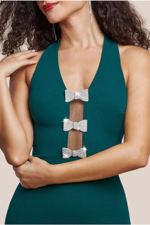 Embellished Diamante Bow Mermaid Halter Neck Maxi Dress - Emerald by Goddiva