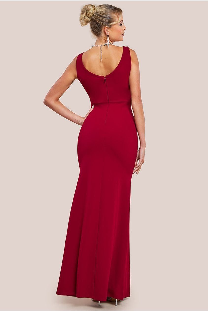 Diamante Brooch Thigh Split Mermaid Maxi Dress - Wine DR4433
