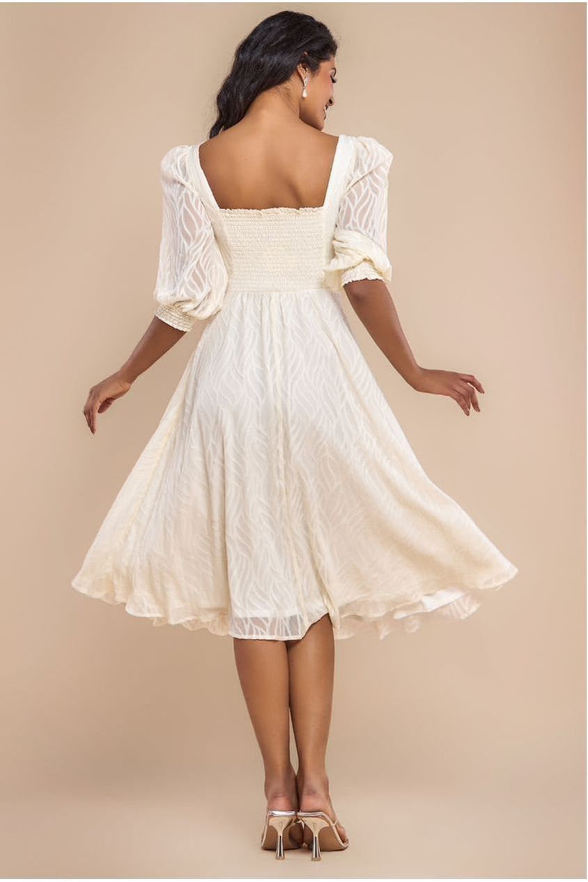 Puff Sleeve Side Slit Flared Jacquard Chiffon Midi Dress - Cream DR4447
