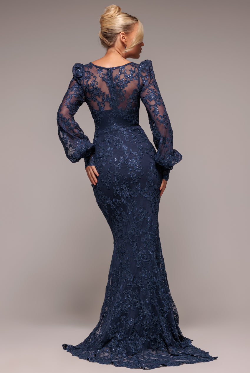 Embroidered Lace Scalloped Edge Maxi Dress - Navy Blue DR4472