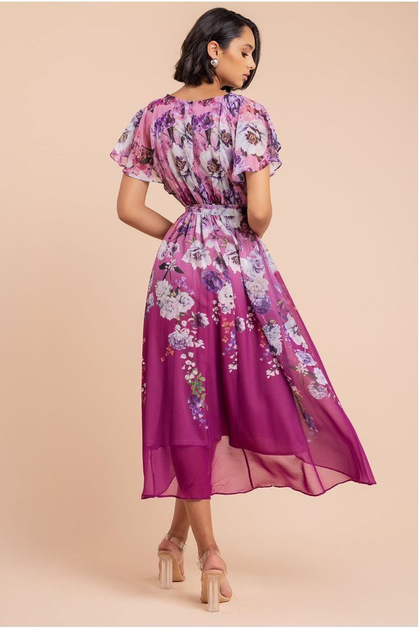 Flutter Sleeve A-Line Chiffon Floral Printed Midi Dress - Magenta DR4481