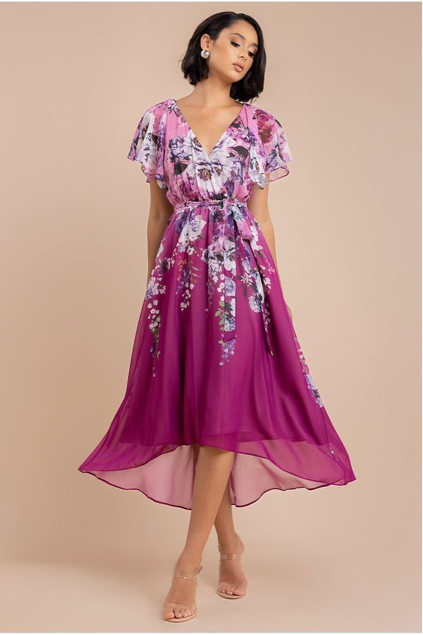 Flutter Sleeve A-Line Chiffon Floral Printed Midi Dress - Magenta DR4481