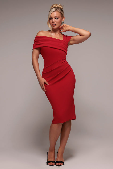 Scuba Crepe Pleated Drop Shoulder Midi Dress - Red by Goddiva