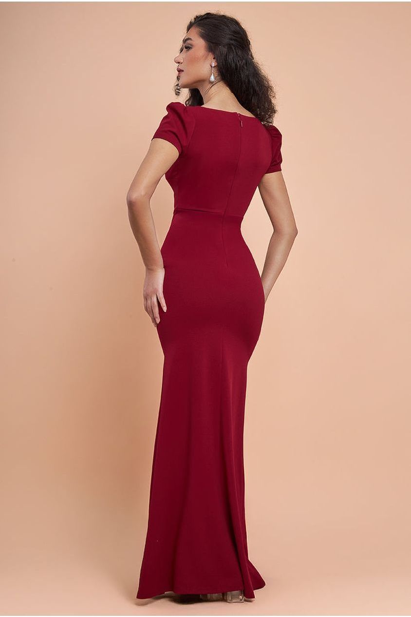 Diamante Embellished Bow Scuba Crepe Maxi Dress - Wine DR4493