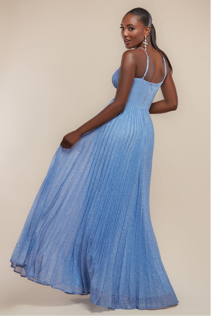 Sleeveless Pleated A Line Lurex Maxi Dress - Blue DR4494