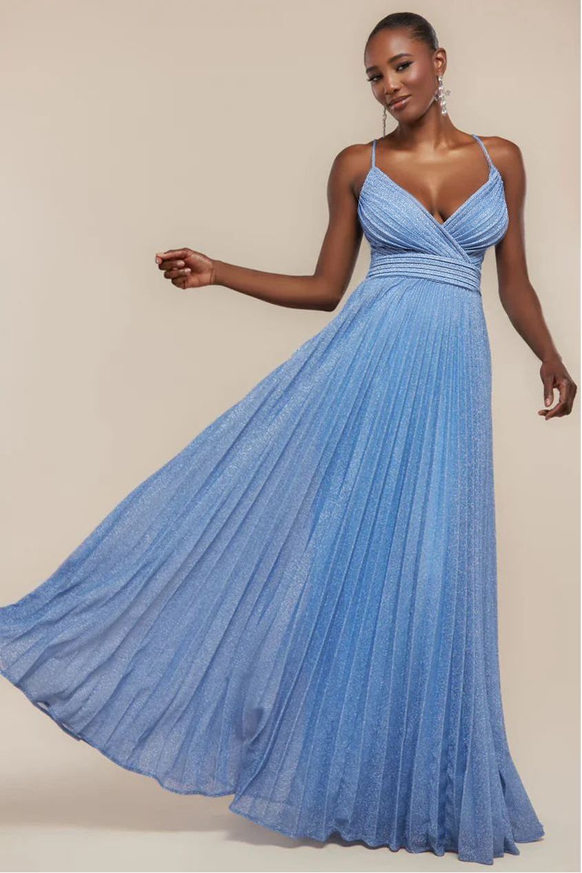 Sleeveless Pleated A Line Lurex Maxi Dress - Blue DR4494