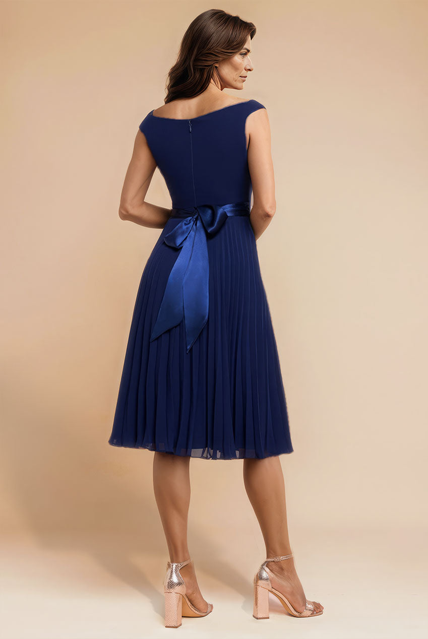 Cowl Neck Pleated A-Line Chiffon Midi Dress - Navy Blue DR4501M