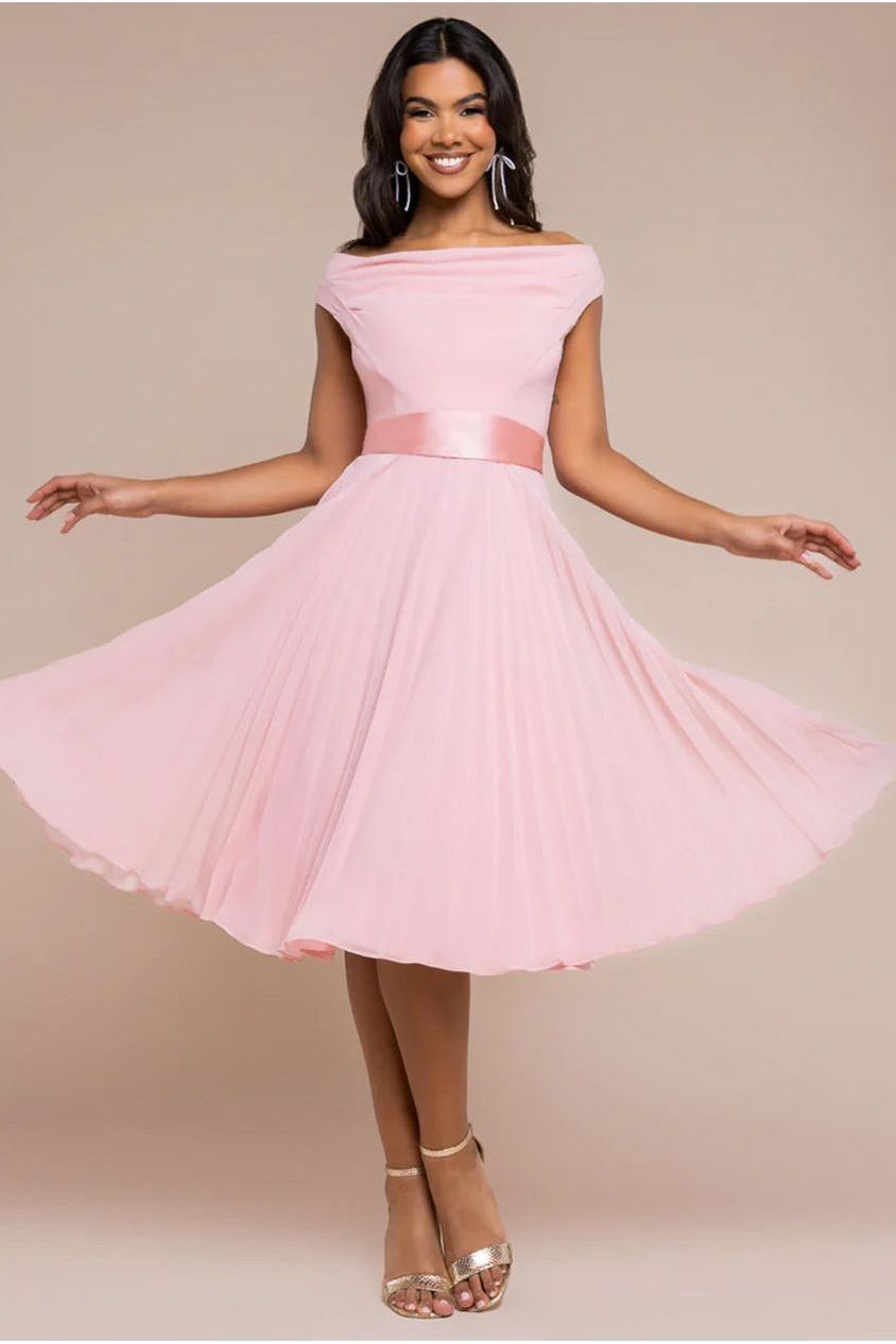 Cowl Neck Pleated A-Line Chiffon Midi Dress - Blush Pink DR4501